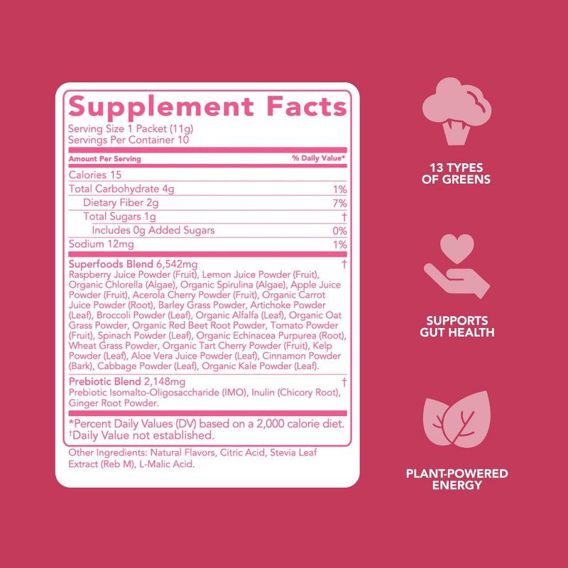 slide 5 of 7, Clean Simple Eats Greens Powder Sticks - Raspberry Lemonade - 3.9oz/10ct, 3.9 oz, 10 ct