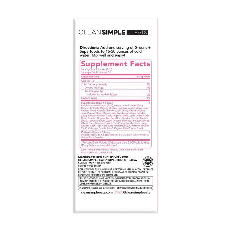 slide 7 of 7, Clean Simple Eats Greens Powder Sticks - Raspberry Lemonade - 3.9oz/10ct, 3.9 oz, 10 ct