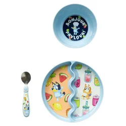The First Years Bluey 3pc Mealtime Set with Divided Suction Plate, Bowl and Spoon - 9 Months+