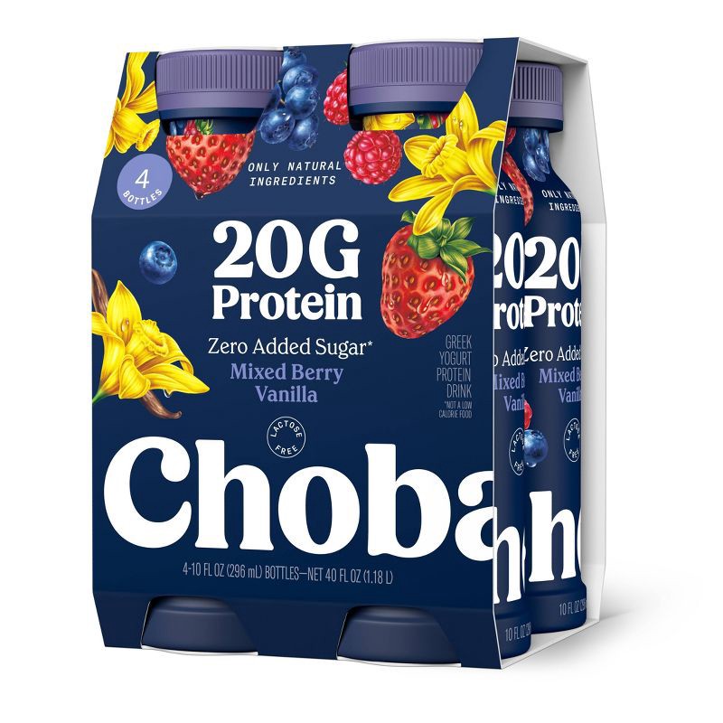 slide 2 of 9, Chobani 20g Protein Greek Yogurt Drink Mixed Berry Vanilla - 40 fl oz/4ct Bottles, 20 gram, 40 fl oz, 4 ct