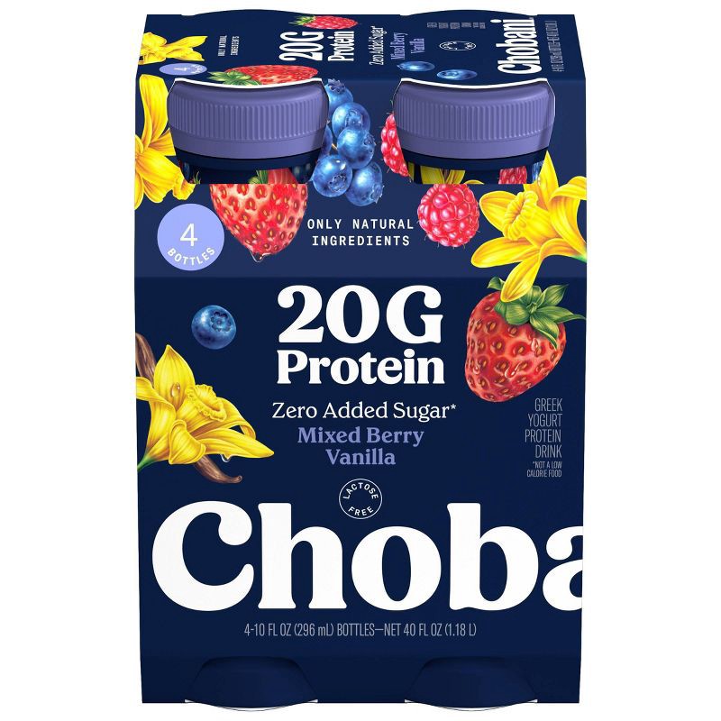 slide 3 of 9, Chobani 20g Protein Greek Yogurt Drink Mixed Berry Vanilla - 40 fl oz/4ct Bottles, 20 gram, 40 fl oz, 4 ct