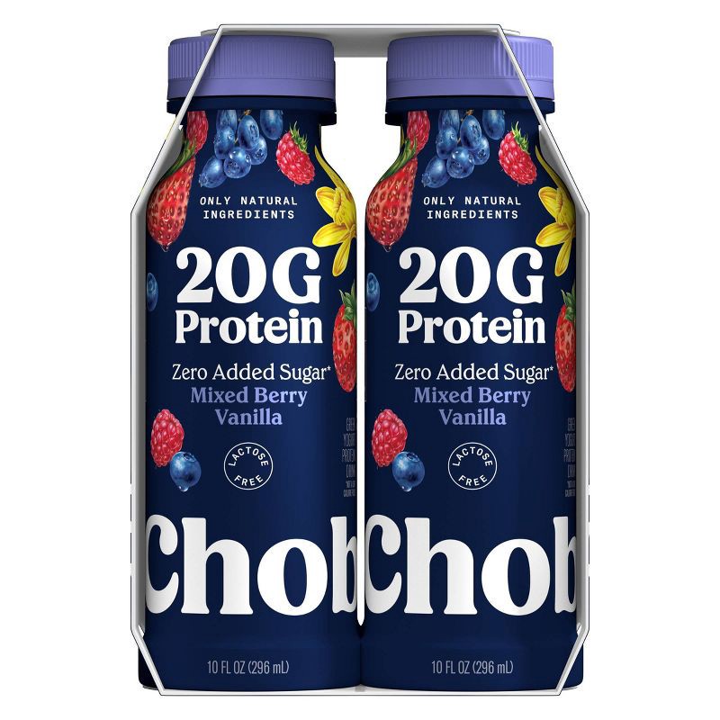 slide 4 of 9, Chobani 20g Protein Greek Yogurt Drink Mixed Berry Vanilla - 40 fl oz/4ct Bottles, 20 gram, 40 fl oz, 4 ct