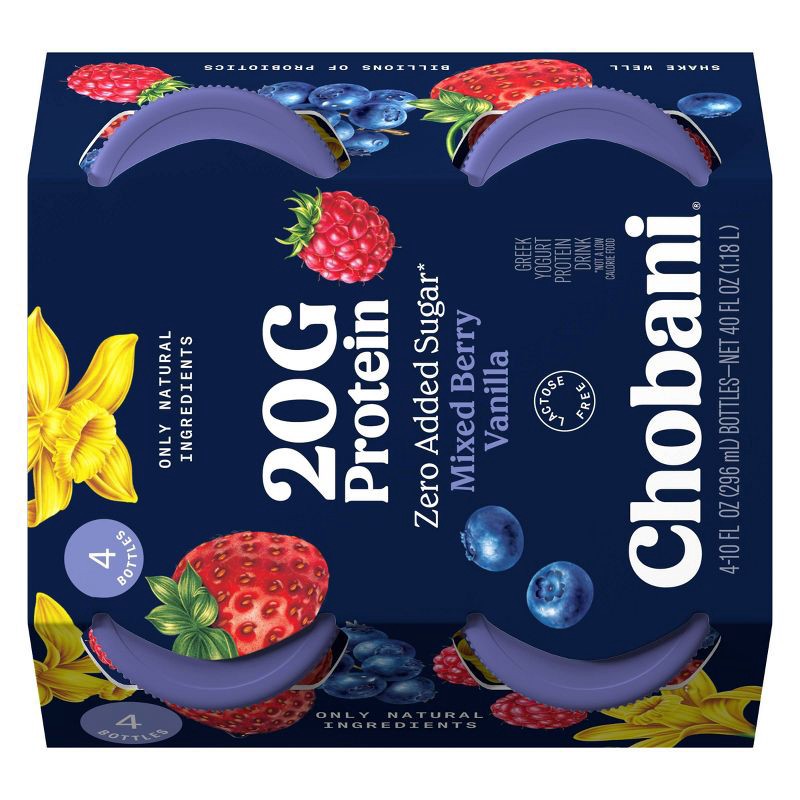 slide 5 of 9, Chobani 20g Protein Greek Yogurt Drink Mixed Berry Vanilla - 40 fl oz/4ct Bottles, 20 gram, 40 fl oz, 4 ct