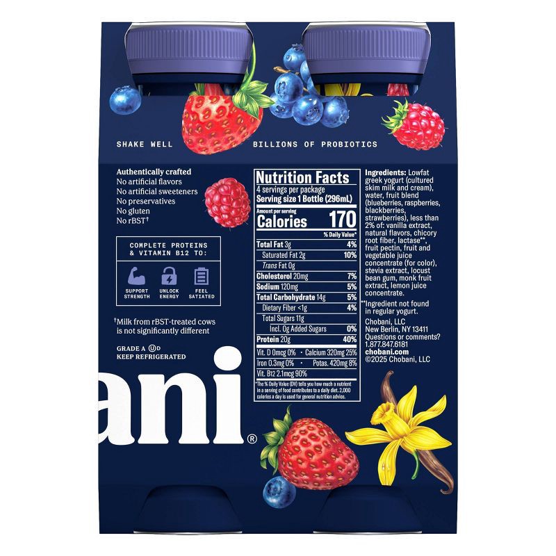 slide 6 of 9, Chobani 20g Protein Greek Yogurt Drink Mixed Berry Vanilla - 40 fl oz/4ct Bottles, 20 gram, 40 fl oz, 4 ct