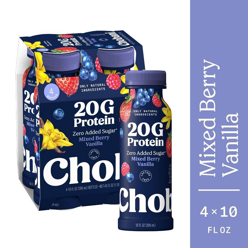 slide 7 of 9, Chobani 20g Protein Greek Yogurt Drink Mixed Berry Vanilla - 40 fl oz/4ct Bottles, 20 gram, 40 fl oz, 4 ct
