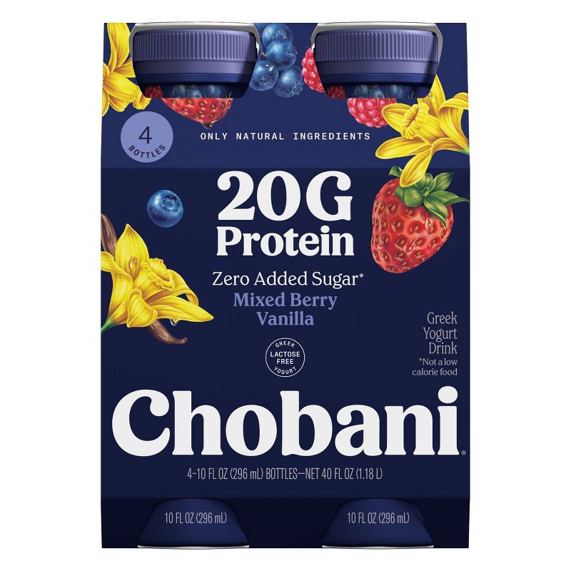 slide 1 of 9, Chobani 20g Protein Greek Yogurt Drink Mixed Berry Vanilla - 40 fl oz/4ct Bottles: Gluten-Free, 40 fl oz; 4 ct