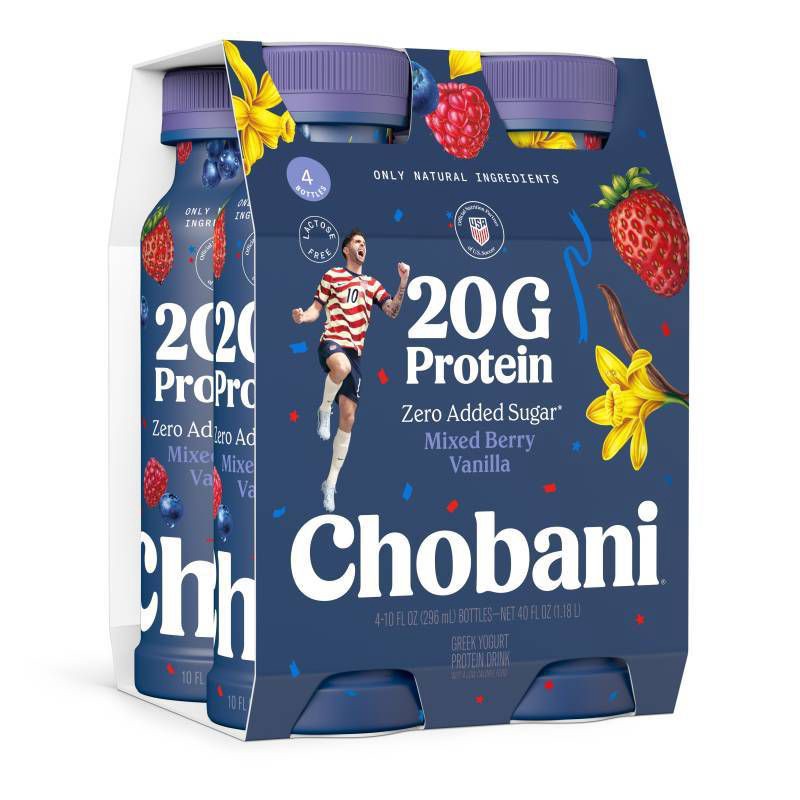 slide 1 of 9, Chobani 20g Protein Greek Yogurt Drink Mixed Berry Vanilla - 40 fl oz/4ct Bottles, 20 gram, 40 fl oz, 4 ct