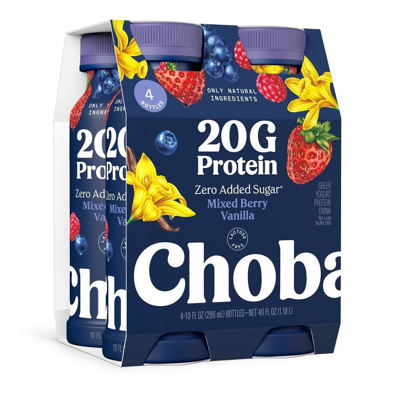 slide 1 of 9, Chobani 20g Protein Greek Yogurt Drink Mixed Berry Vanilla - 40 fl oz/4ct Bottles, 20 gram, 40 fl oz, 4 ct