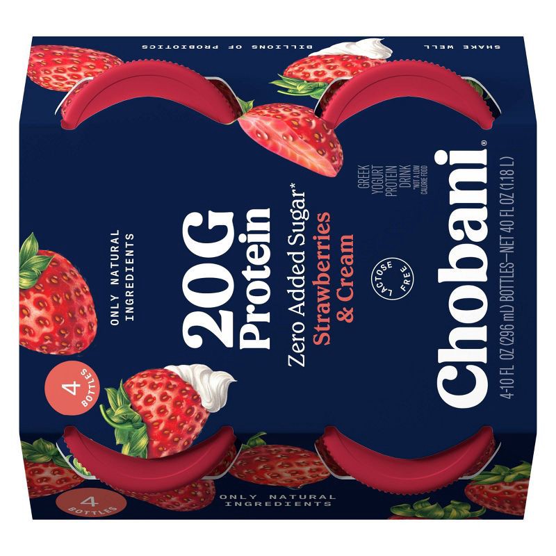 slide 5 of 9, Chobani 20g Protein Greek Yogurt Drink Strawberry Cream - 40 fl oz/4ct Bottles, 20 gram, 40 fl oz, 4 ct
