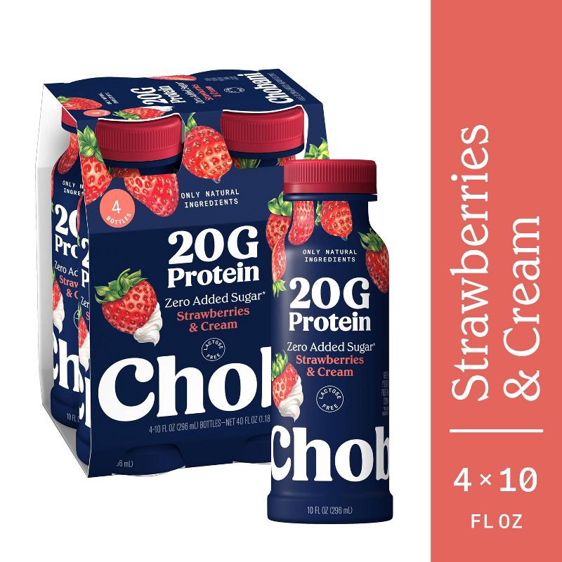 slide 7 of 9, Chobani 20g Protein Greek Yogurt Drink Strawberry Cream - 40 fl oz/4ct Bottles, 20 gram, 40 fl oz, 4 ct