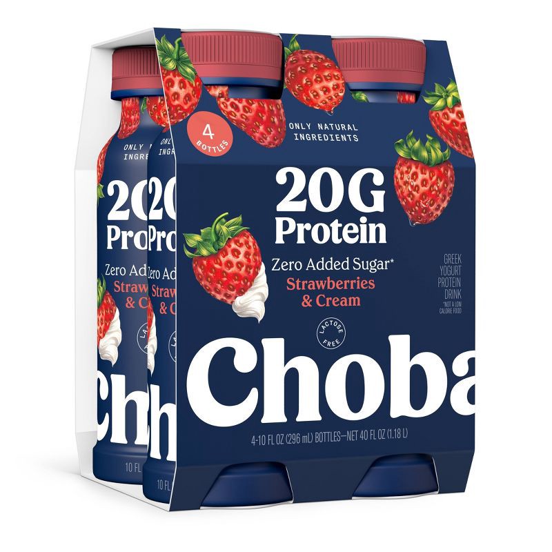 slide 1 of 9, Chobani 20g Protein Greek Yogurt Drink Strawberry Cream - 40 fl oz/4ct Bottles, 20 gram, 40 fl oz, 4 ct