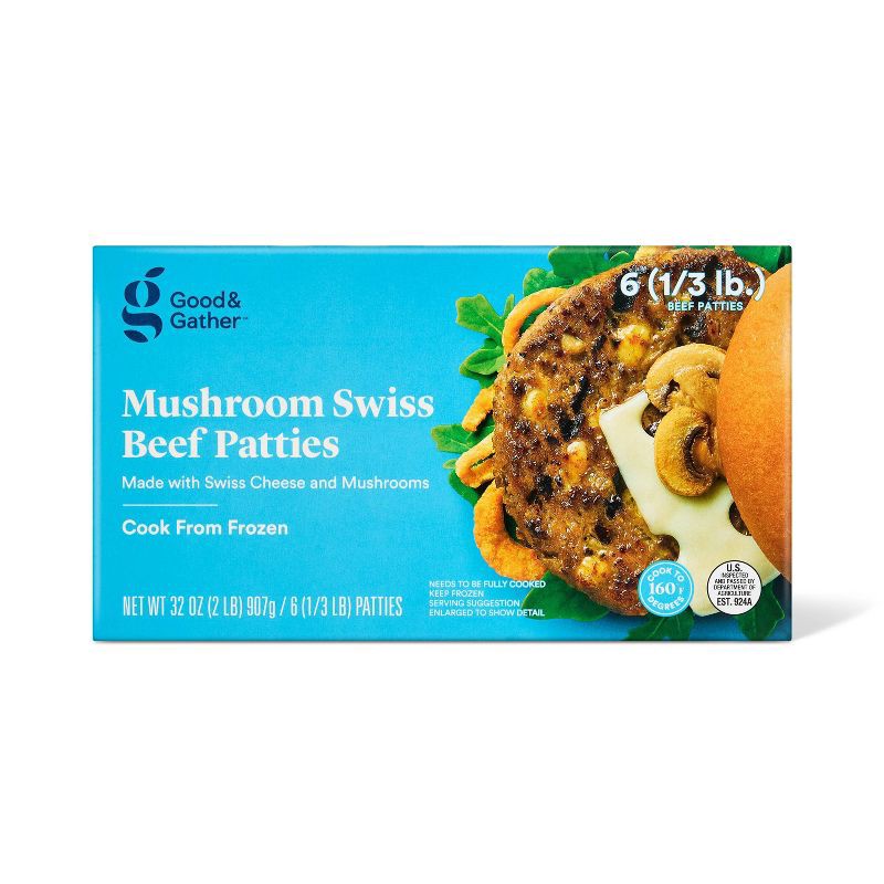 slide 1 of 5, Mushroom Swiss Beef Patties - Frozen - 32oz/6ct - Good & Gather™, 32 oz, 6 ct