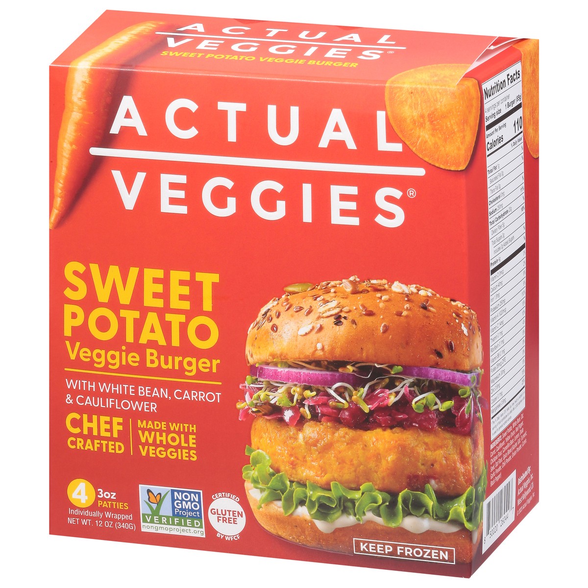 slide 3 of 13, Actual Veggies Sweet Potato Veggie Burger with Chickpea & Quinoa 4 - 3 oz Patties, 12 oz
