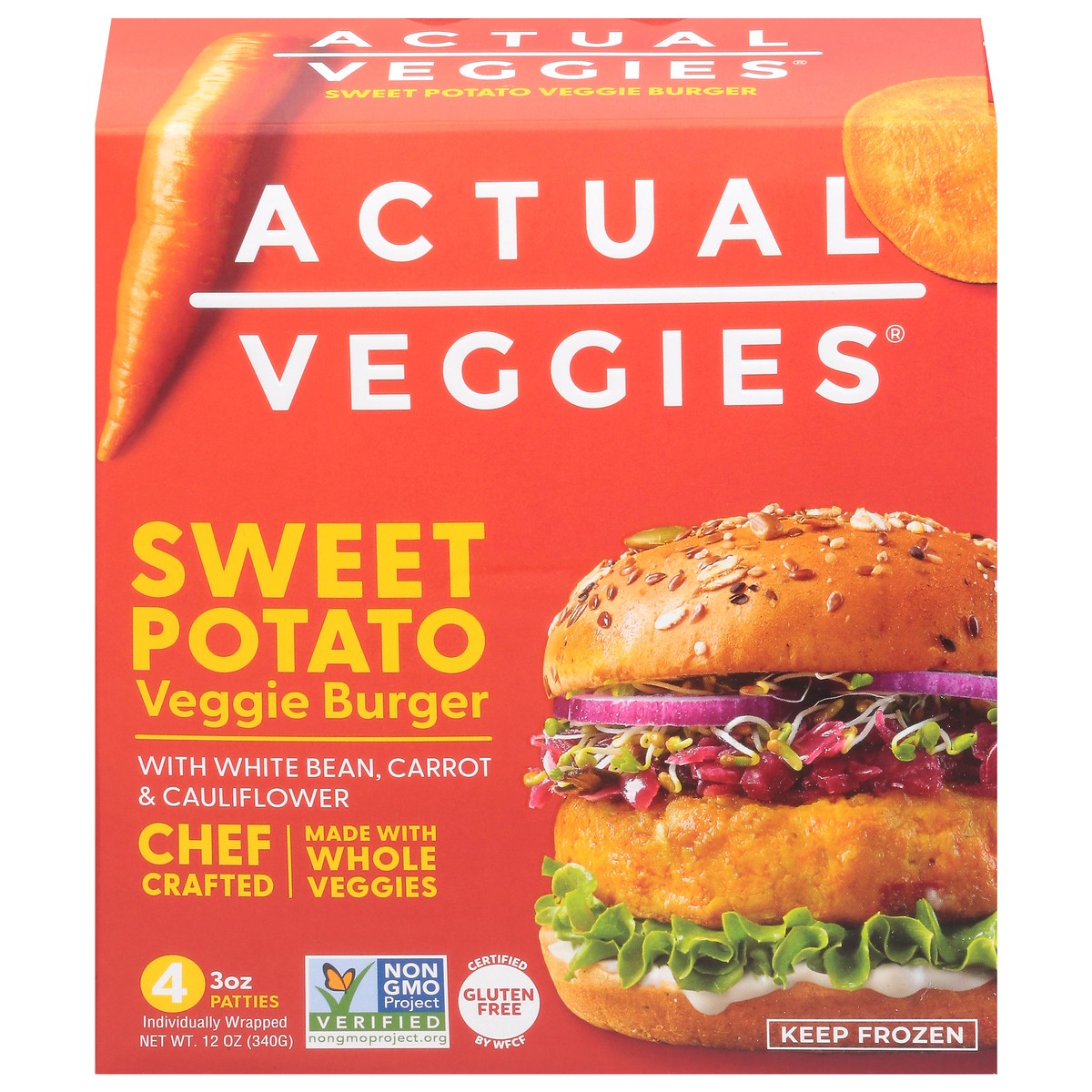 slide 10 of 13, Actual Veggies Sweet Potato Veggie Burger with Chickpea & Quinoa 4 - 3 oz Patties, 12 oz