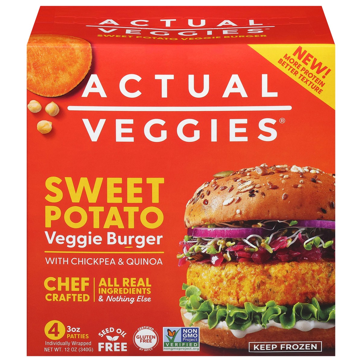 slide 1 of 13, Actual Veggies Sweet Potato Veggie Burger with Chickpea & Quinoa 4 - 3 oz Patties, 12 oz