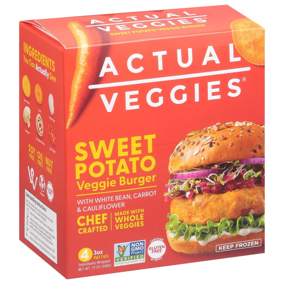 slide 11 of 13, Actual Veggies Sweet Potato Veggie Burger with Chickpea & Quinoa 4 - 3 oz Patties, 12 oz