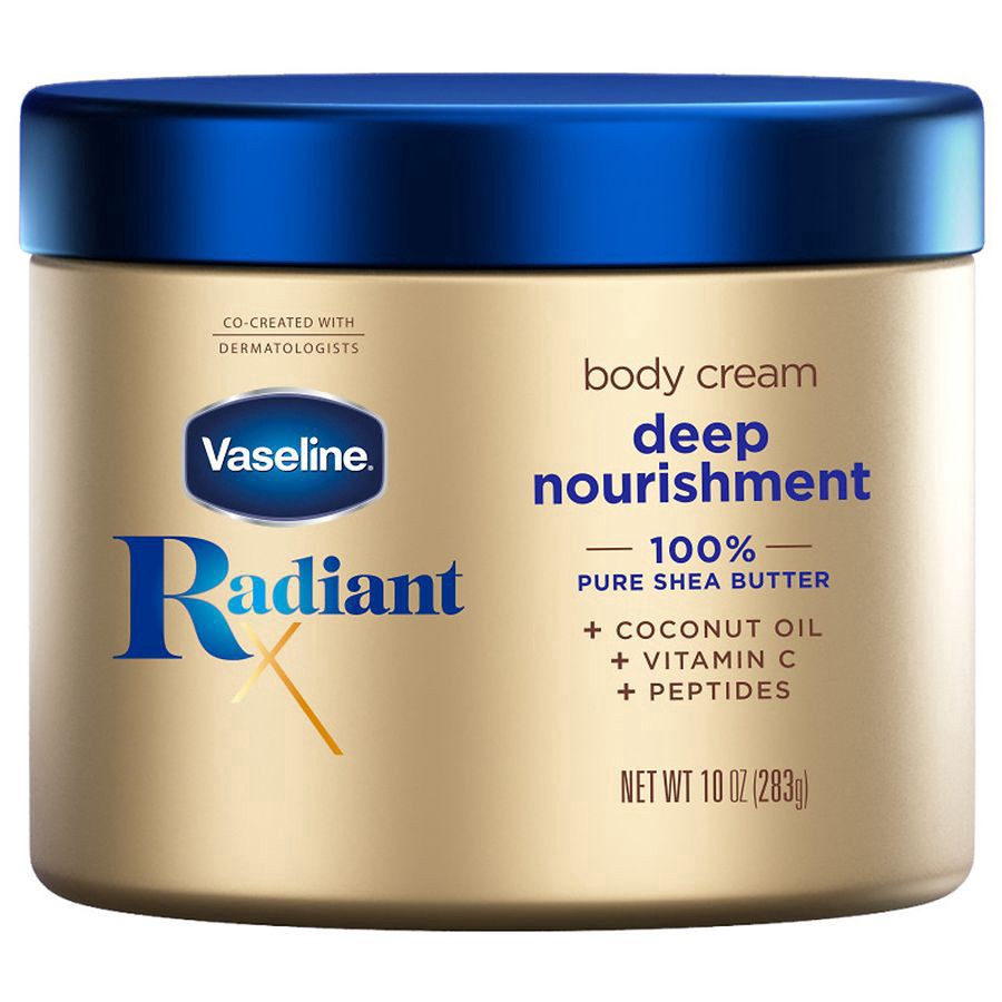 slide 1 of 1, Vaseline Radiant X Deep Nourishment Body Cream 100% Pure Shea Butter, Coconut Oil, Vitamin C, & Peptides, 10 oz, 10 oz