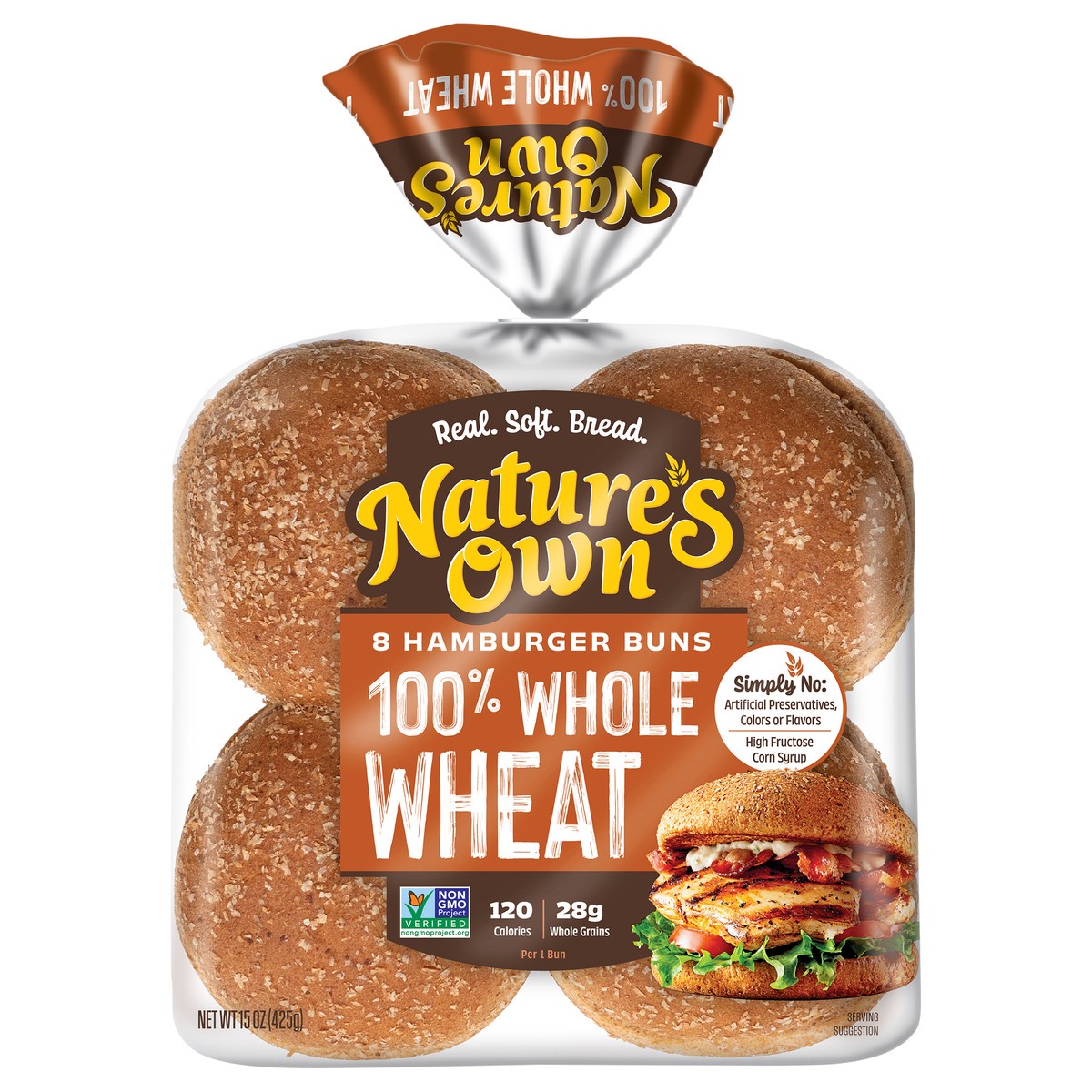 slide 1 of 8, Nature's Own 100% Whole Wheat Hamburger Buns, Non-GMO Hamburger Buns, 28g Whole Grains per Bun, 8 Ct, 15 oz