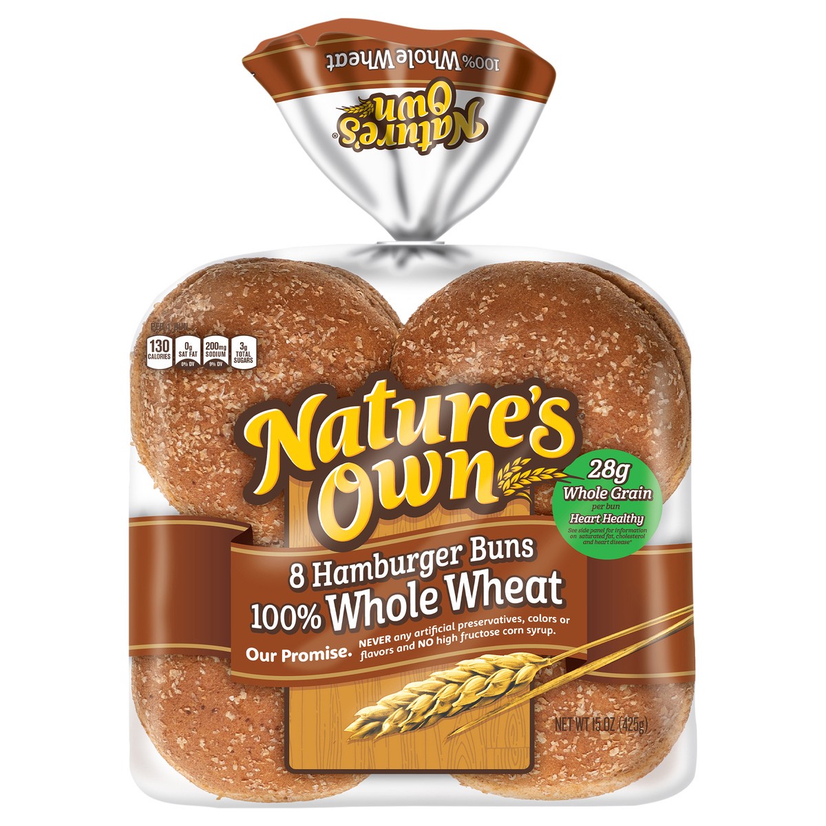 slide 1 of 8, Nature's Own 100% Whole Wheat Hamburger Buns, Non-GMO Hamburger Buns, 28g Whole Grains per Bun, 8 Ct, 15 oz