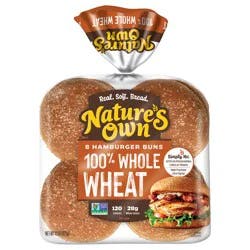 Nature's Own 100% Whole Wheat Hamburger Buns, Non-GMO Hamburger Buns, 28g Whole Grains per Bun, 8 Ct