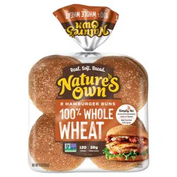 Nature''s Own 100% Whole Wheat Hamburger Buns, Sandwich Buns, 8 Count