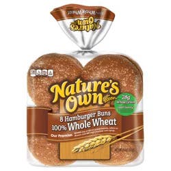 Nature's Own 100% Whole Wheat Hamburger Buns, Non-GMO Hamburger Buns, 28g Whole Grains per Bun, 8 Ct