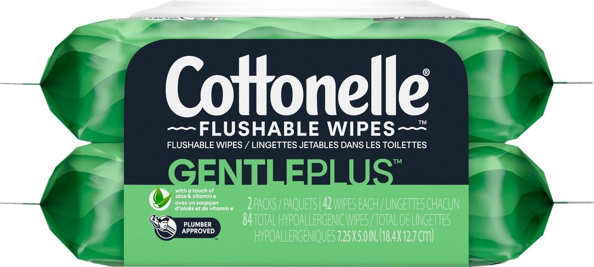 slide 9 of 9, Cottonelle GentlePlus Flushable Wet Wipes with Aloe & Vitamin E, Adult Wet Wipes, 2 Flip-Top Packs, 84 Total Wipes, 42 ct