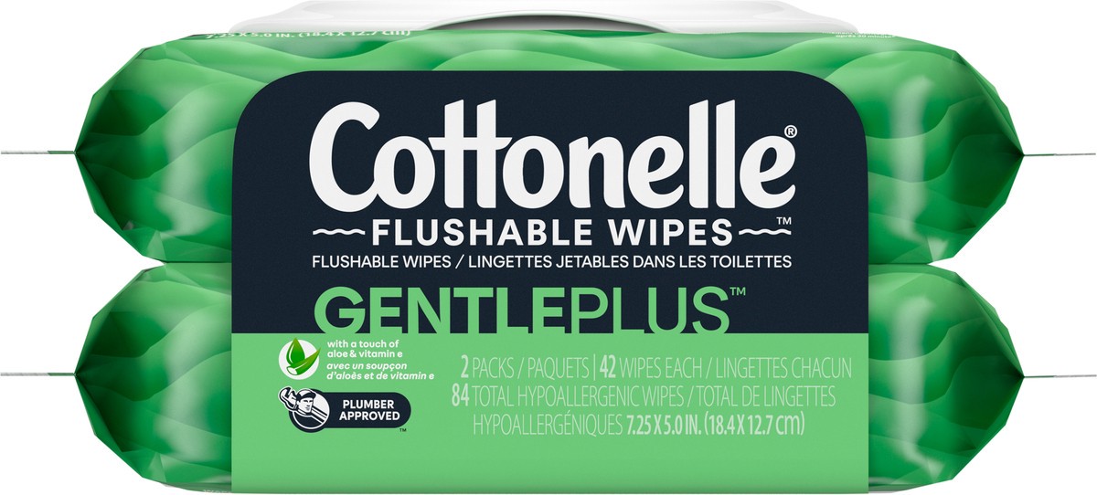 slide 7 of 9, Cottonelle GentlePlus Flushable Wet Wipes with Aloe & Vitamin E, Adult Wet Wipes, 2 Flip-Top Packs, 84 Total Wipes, 42 ct