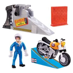 Stuntman Stu Nitro Boost Stunt Bike Rev Zoom ‘N' Stunt Set with Action Figure Launch Ramp and Break Apart Wall