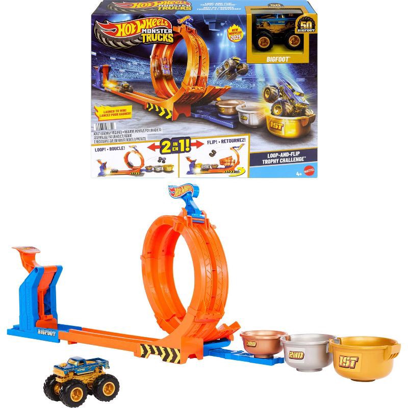slide 1 of 6, Hot Wheels Monster Truck Loop-and-Flip Trophy Challenge Playset & Diecast Bigfoot Toy, 1 ct