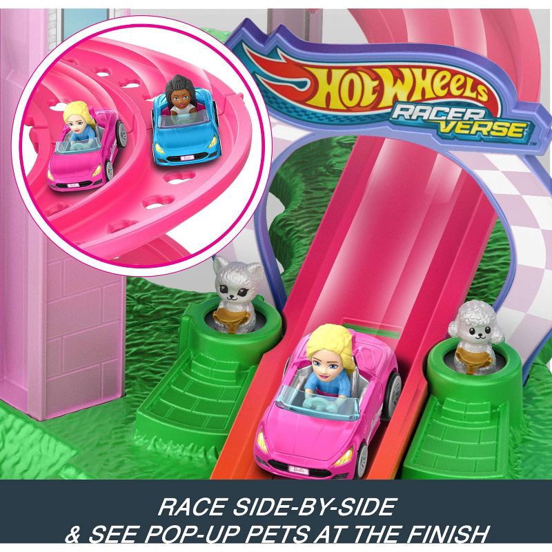 slide 3 of 6, Hot Wheels RacerVerse Barbie Spiral Race Playset with Barbie "Malibu" & Barbie "Brooklyn" Toy Car, 1 ct