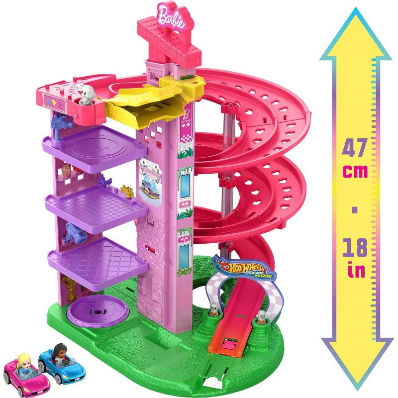 slide 5 of 6, Hot Wheels RacerVerse Barbie Spiral Race Playset with Barbie "Malibu" & Barbie "Brooklyn" Toy Car, 1 ct
