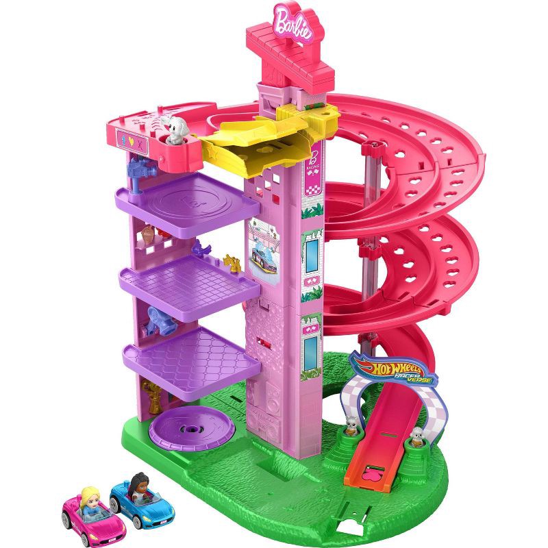 slide 1 of 6, Hot Wheels RacerVerse Barbie Spiral Race Playset with Barbie "Malibu" & Barbie "Brooklyn" Toy Car, 1 ct