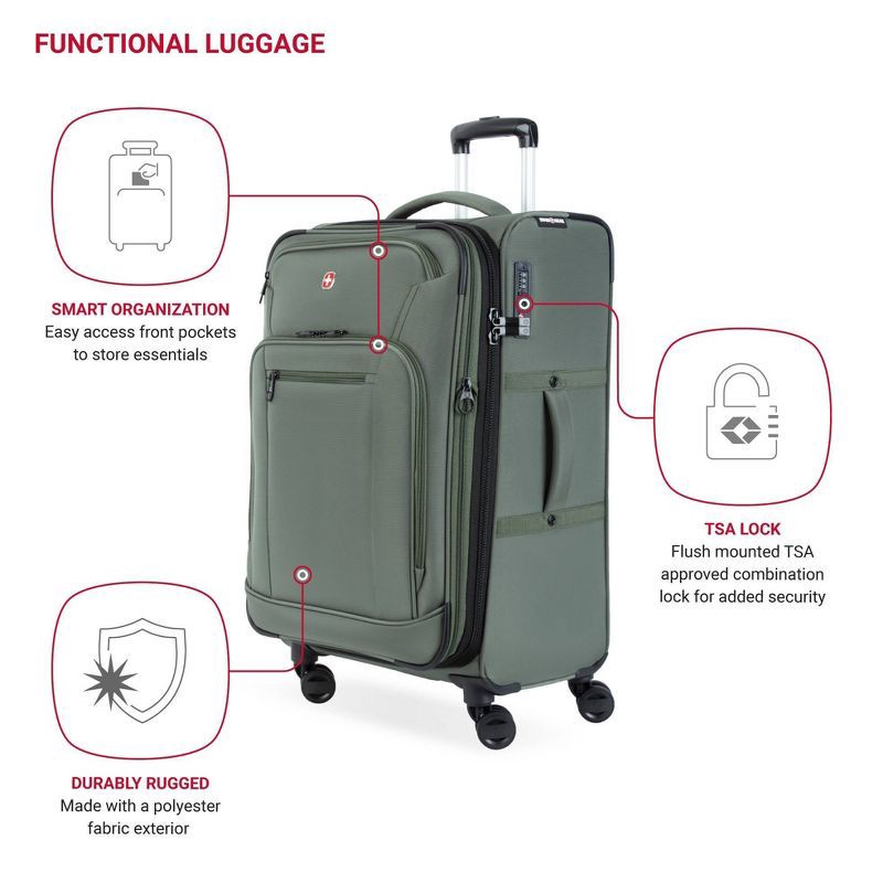 slide 3 of 14, SWISSGEAR Zurich Softside Medium Checked Spinner Suitcase - Green: Tear-Resistant Luggage, 1 ct