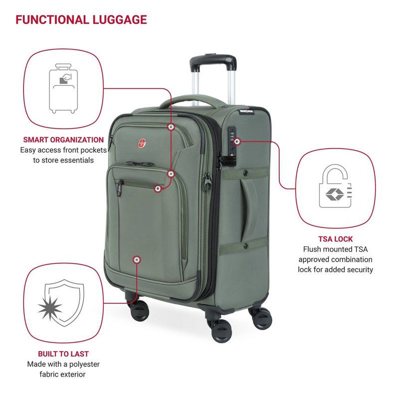 slide 3 of 14, SWISSGEAR Zurich Softside Carry On Spinner Suitcase - Green: 8-Wheel Tear-Resistant Design, 1 ct