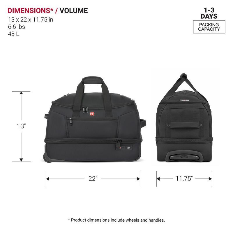 slide 7 of 16, SWISSGEAR Zurich Wheeled 48L Duffel Bag - Black, 48 liter