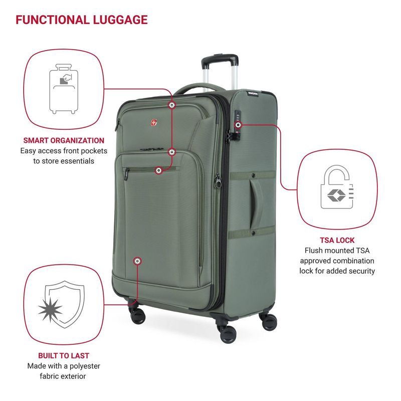 slide 3 of 14, SWISSGEAR Zurich Softside Large Checked Spinner Suitcase - Green: Tear-Resistant, 8 Wheels, 1 ct