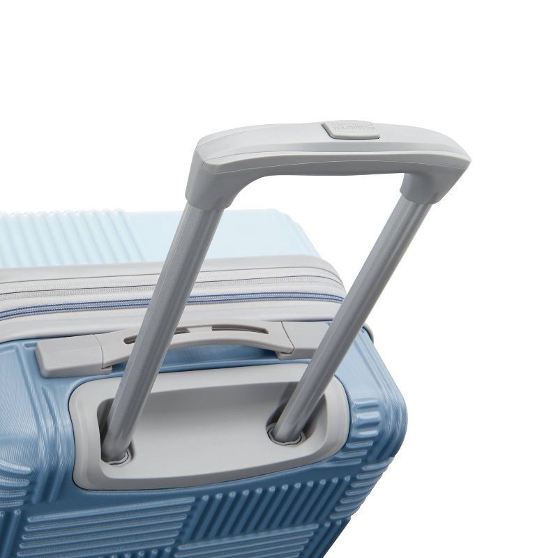 slide 6 of 10, American Tourister NXT Checkered Hardside Carry On Spinner Suitcase - Pale Blue/Elemental Blue: Lightweight ABS Shell, 8-Wheel Spinner, 1 ct