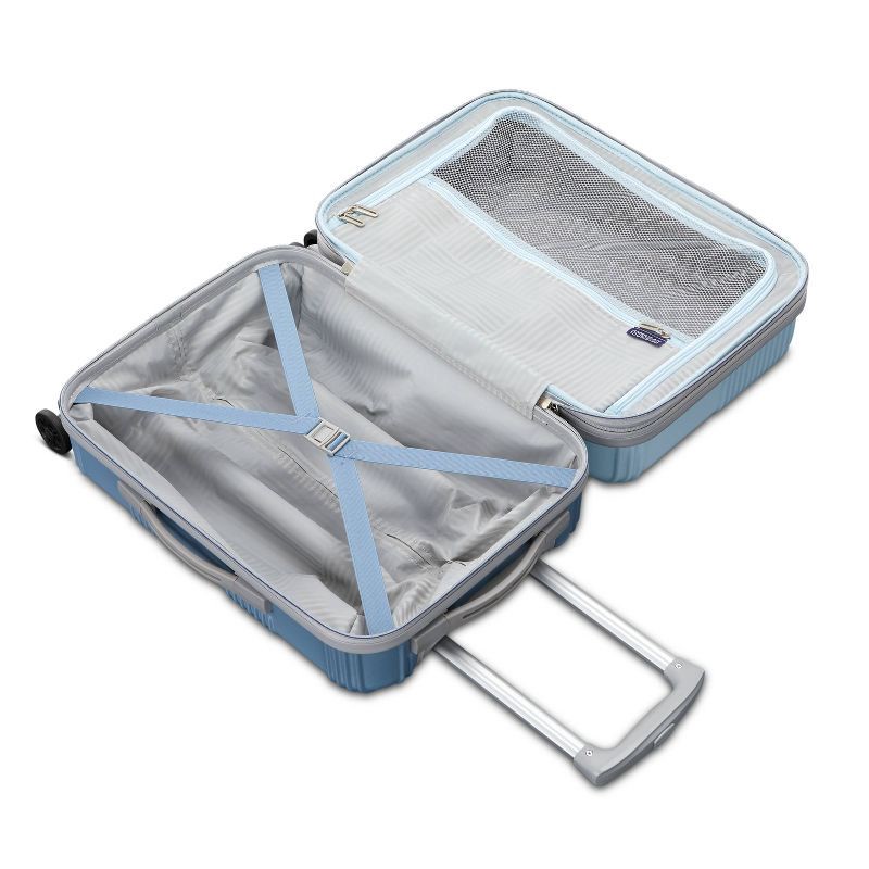 slide 7 of 10, American Tourister NXT Checkered Hardside Carry On Spinner Suitcase - Pale Blue/Elemental Blue: Lightweight ABS Shell, 8-Wheel Spinner, 1 ct