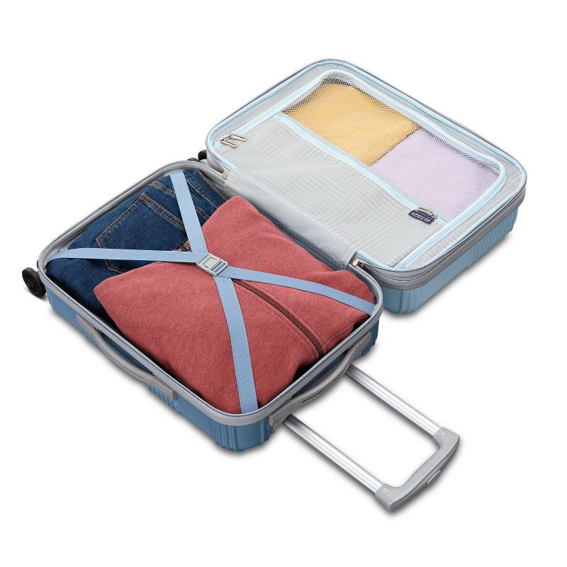 slide 8 of 10, American Tourister NXT Checkered Hardside Carry On Spinner Suitcase - Pale Blue/Elemental Blue: Lightweight ABS Shell, 8-Wheel Spinner, 1 ct