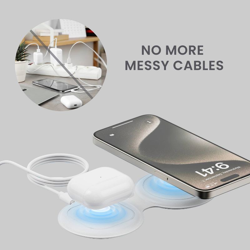slide 5 of 5, Travel Smart 2 Device Magnetic 15W Wireless Charger: Magnetic Mount, Cord Length 3 ft, 3 ft