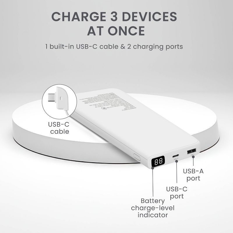 slide 2 of 8, Travel Smart 10000mAh Power Bank with Charging Cable: Built-In Cable, 3.7V Output, 1 ct