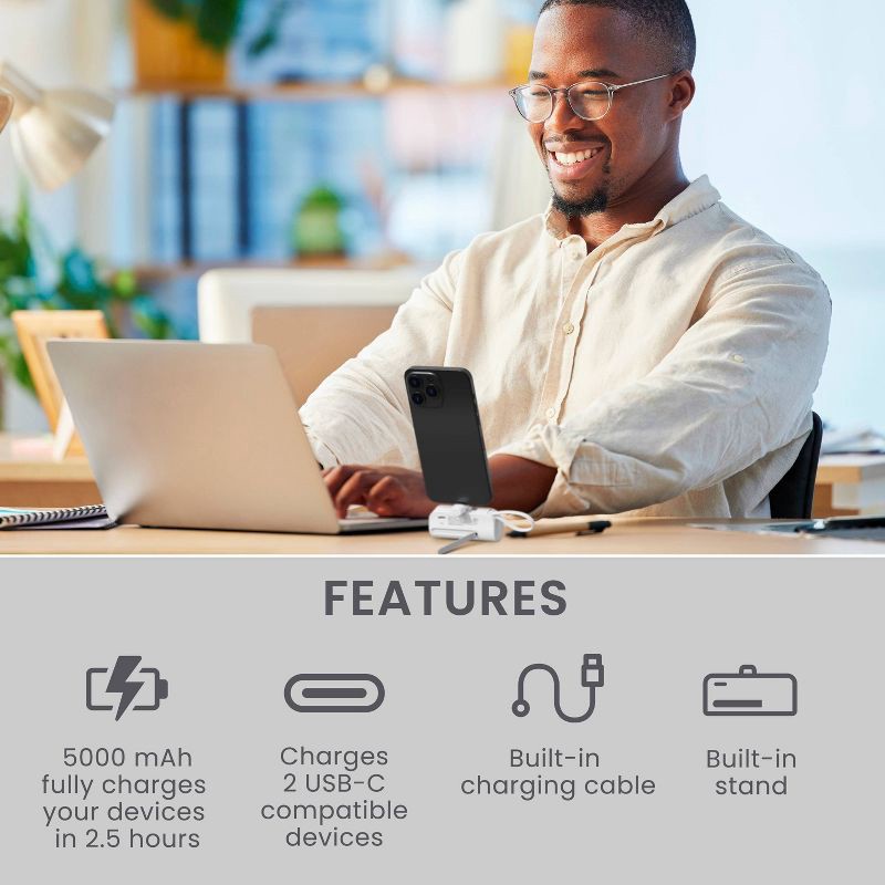 slide 4 of 8, Travel Smart Phone Stand 5000mAh Power Bank: Built-In Cable, Charges 2 Devices Simultaneously, 1 ct