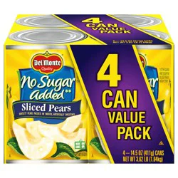 DEL MONTE No Sugar Added Sliced Bartlett Pears, Canned Fruit, 4 Pack, 14.5 oz Cans