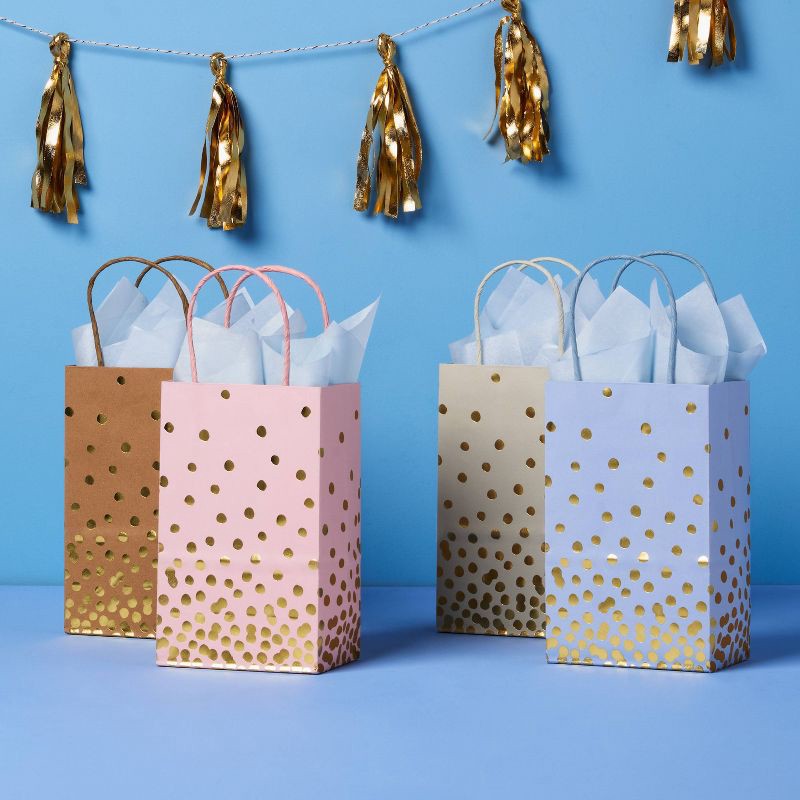 slide 2 of 3, 4pk XS Jr Tote Foil Print Polka Dot Gift Bags Pink/Blue/Natural - Spritz™, 4 ct