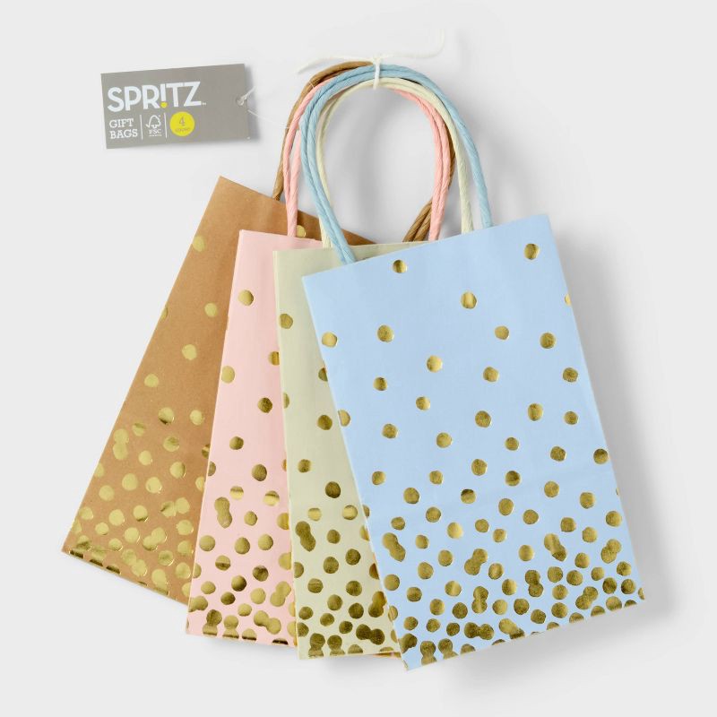 slide 3 of 3, 4pk XS Jr Tote Foil Print Polka Dot Gift Bags Pink/Blue/Natural - Spritz™, 4 ct