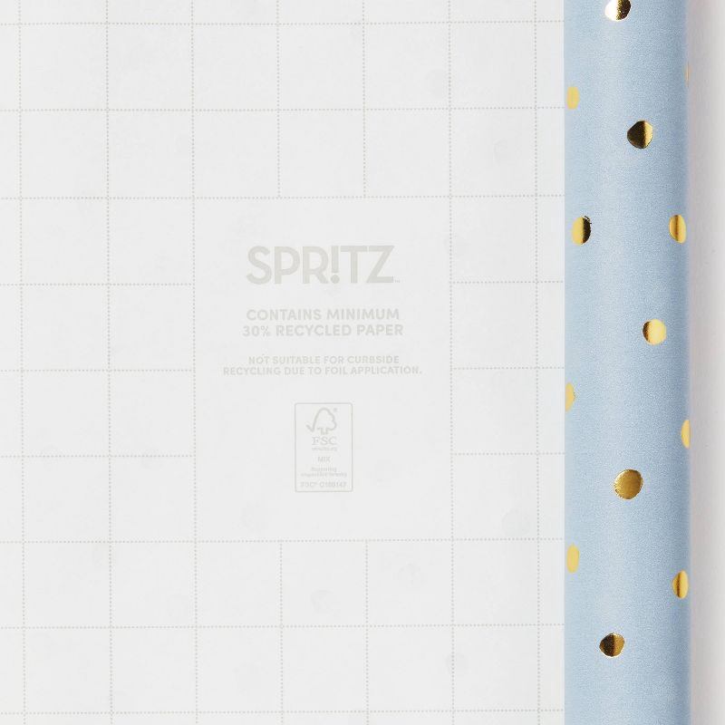 slide 3 of 3, 96"x30" Foil Print Polka Dot Wrapping paper Blue/Gold - Spritz™, 1 ct
