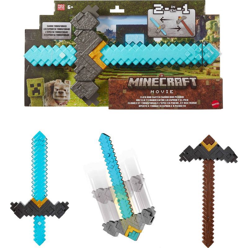 slide 1 of 5, Minecraft Click and Switch Sword and Pickaxe Role-Play 2-in-1 Toy Inspired by the Movie, 1 ct