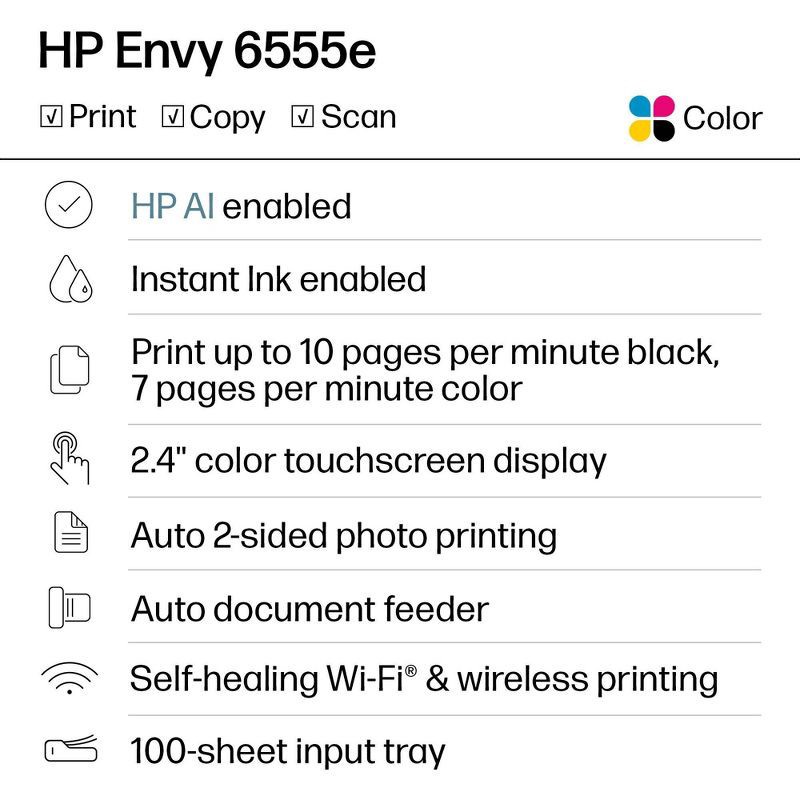 slide 2 of 20, HP Inc. HP Envy 6555e Wireless All-in-One Color Printer Scanner Copier with Instant Ink & HP+ (714N5A), 1 ct