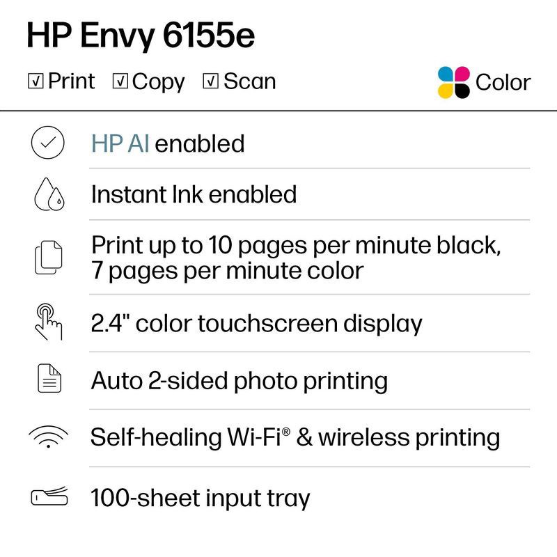 slide 2 of 20, HP Inc. HP Envy 6155e Wireless All-in-One Color Printer Scanner Copier with 3 Months Free Instant Ink (714L5A): USB, Wi-Fi, 1200x1200 DPI, 1 ct